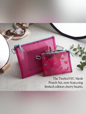 🍎 TwelveNYC Mesh 2-Pouch Set Cherry Hearts Pink Organizer Cosmetic Travel Bags